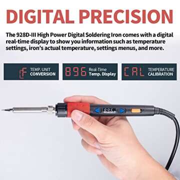YIHUA 928D-III Soldering Iron,110W High Power, Fully Digital Display °F /°C- Temperature Control Soldering Tool, Accurate 194~896°F, with ON/OFF Switch, Iron Tip, Brass Wool, Automatic Sleep Mode