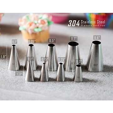 Kayaso 9 Piece Round Piping Tip Set with 20 Disposable Decorating Bags, Stainless Steel Pastry Tips, Graduated Sizes