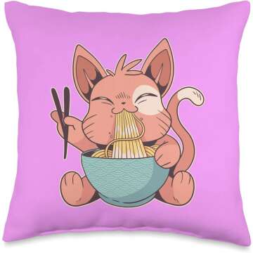 Cute Anime Cat Ramen Throw Pillow - 16x16, Kawaii Style