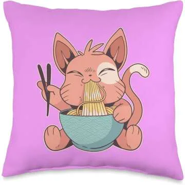Kawaii Anime Cat Eating Ramen Throw Pillow 16x16