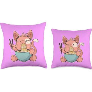 Kawaii Anime Cat Eating Ramen Throw Pillow 16x16
