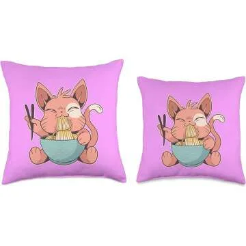 Kawaii Anime Cat Eating Ramen Throw Pillow 16x16