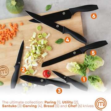 MasterChef Knife Block Set of 6 Kitchen Knives, Extra Sharp Stainless Steel Blades for Professional ...