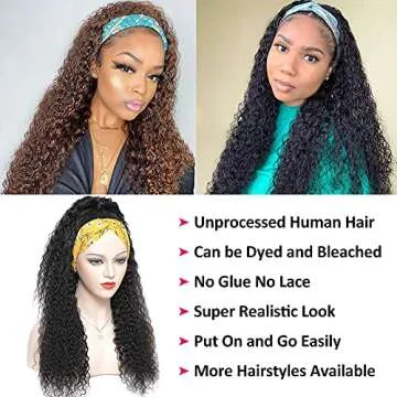 Eooma Curly Headband Wig Human Hair Wigs for Black Women 24 inch Brazilian Curly None Lace Front Wigs Human Hair Scarf No Gel Gluelees Remy Hair Headband Wig