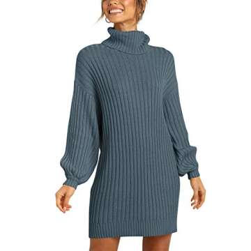 Prinbara Women Turtleneck Long Lantern Sleeve Casual Loose Oversized Sweater Dress Soft Winter Pullover Dresses Navy Blue