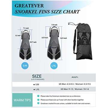 Greatever Snorkel Fins Adjustable Buckles Open Heel Swim Flippers Travel Size Short Swim Fins for Snorkeling Diving Swimming Adult Men Womens
