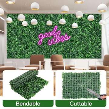 12 Pcs 24"x 16" Artificial Grass Wall Panels with Pink Neon Sign Boxwood Hedge Wall Panels for 31 SQ Feet Greenery Backdrop Wall Decor for Indoor Garden Fence Backyard (Style A)