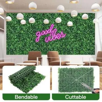 12 Pcs 24"x 16" Artificial Grass Wall Panels with Pink Neon Sign Boxwood Hedge Wall Panels for 31 SQ Feet Greenery Backdrop Wall Decor for Indoor Garden Fence Backyard (Style A)