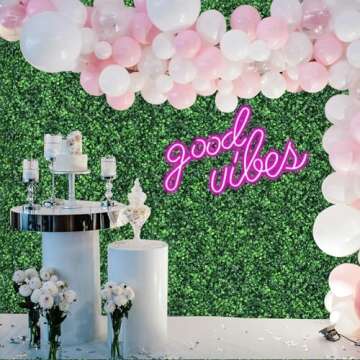 12 Pcs 24"x 16" Artificial Grass Wall Panels with Pink Neon Sign Boxwood Hedge Wall Panels for 31 SQ Feet Greenery Backdrop Wall Decor for Indoor Garden Fence Backyard (Style A)