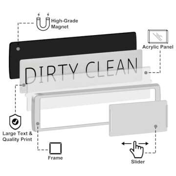 YauYik Clean and Dirty Dishwasher Magnet Sign, Optional Adhesive, Magnetic Kitchen Decor, Easy Read, Non-Scratch, Heavy Duty Shutter Slide Magnets for Dish Washer, Home Accessories, 7x2, Black