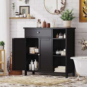 Irontar Bathroom Cabinet with Doors, Bathroom Floor Cabinet with Drawer & Adjustable Shelf, Kitchen Cupboard, Storage Cabinet for Living Room, Entryway, Black CWG001H