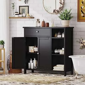 Irontar Bathroom Cabinet with Doors, Bathroom Floor Cabinet with Drawer & Adjustable Shelf, Kitchen Cupboard, Storage Cabinet for Living Room, Entryway, Black CWG001H