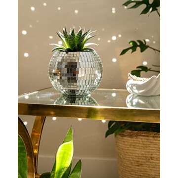 Havenstone Home Hanging Disco Ball Planter 8" - with Acrylic Stand and Macrame Plant Hanger - Home Décor, Room Décor, Mirror Disco Planter, Disco Decor (6" with Black Hanger, Flat Base)