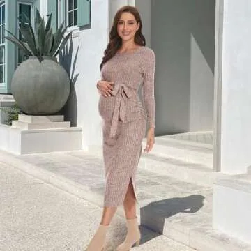 guruixu Crewneck Maternity Dress Rib Knit Long Sleeve Photoshoot Baby Shower Dresses Slit Pregnancy ...