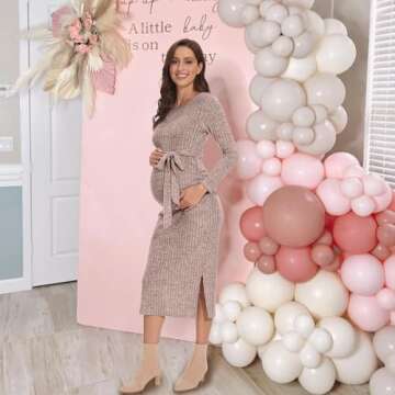 guruixu Crewneck Maternity Dress Rib Knit Long Sleeve Photoshoot Baby Shower Dresses Slit Pregnancy Sweater Clothes with Belt Pink
