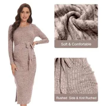 guruixu Crewneck Maternity Dress Rib Knit Long Sleeve Photoshoot Baby Shower Dresses Slit Pregnancy Sweater Clothes with Belt Pink