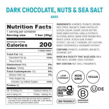 Fody Foods Vegan Protein Nut Bars, Dark Chocolate Nuts and Sea Salt Flavor, 6g Protein per Bar, Low ...