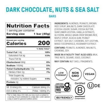 Fody Foods Vegan Protein Nut Bars, Dark Chocolate Nuts and Sea Salt Flavor, 6g Protein per Bar, Low ...