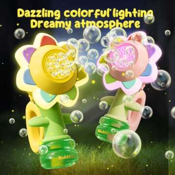 2 Pack Rechargeable Flower Bubble Guns for Kids W/LED Lights & 10 Refill Solutions, Fun Swing Dance Bubble Maker Machine Blower Blaster Toys,Outdoor Summer Play, Easter, Birthday Party Favors & Gifts
