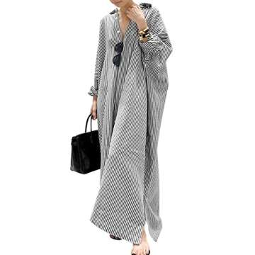 chouyatou Women's Casual Long Sleeve Button Down Loose Striped Cotton Maxi Shirt Dress (Medium, Blac...