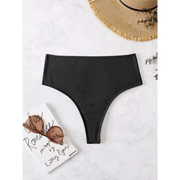 Verdusa Women's High Cut Swimwear Beach Panty Thong High Waisted Bikini Bottom Black L