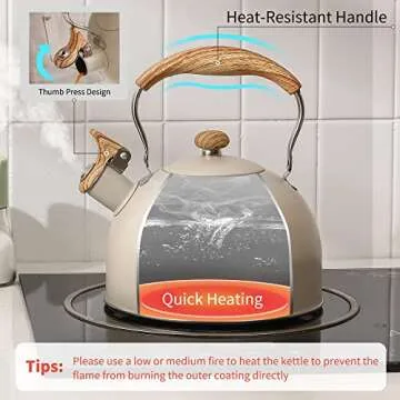 LONFFERY Tea Kettle for Stove Top, 2.5 Quart Whistling Tea Kettle, with Food Grade Stainless Steel and Wood Pattern Folding Handle, Creamy White