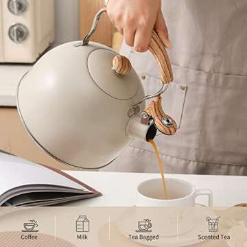 LONFFERY Tea Kettle for Stove Top, 2.5 Quart Whistling Tea Kettle, with Food Grade Stainless Steel and Wood Pattern Folding Handle, Creamy White
