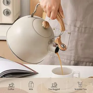 LONFFERY Tea Kettle for Stove Top, 2.5 Quart Whistling Tea Kettle, with Food Grade Stainless Steel and Wood Pattern Folding Handle, Creamy White