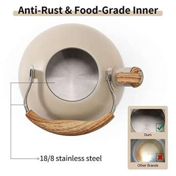 LONFFERY Tea Kettle for Stove Top, 2.5 Quart Whistling Tea Kettle, with Food Grade Stainless Steel and Wood Pattern Folding Handle, Creamy White