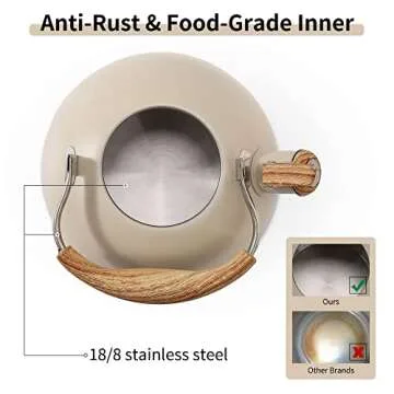 LONFFERY Tea Kettle for Stove Top, 2.5 Quart Whistling Tea Kettle, with Food Grade Stainless Steel and Wood Pattern Folding Handle, Creamy White