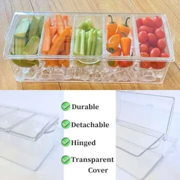 Evelots Ice Chilled 5 Compartment Condiment Server Caddy with Hinged Lid | Plastic Garnish Serving Tray Container | Perfect for BBQs & Parties