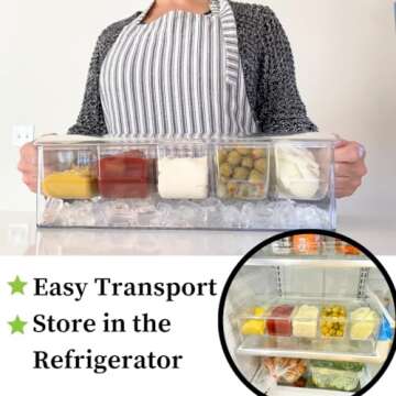 Evelots Ice Chilled 5 Compartment Condiment Server Caddy with Hinged Lid | Plastic Garnish Serving Tray Container | Perfect for BBQs & Parties