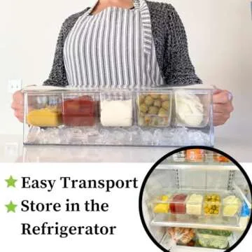 Evelots Ice Chilled 5 Compartment Condiment Server Caddy with Hinged Lid | Plastic Garnish Serving Tray Container | Perfect for BBQs & Parties