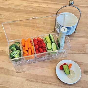 Evelots Ice Chilled 5 Compartment Condiment Server Caddy with Hinged Lid | Plastic Garnish Serving Tray Container | Perfect for BBQs & Parties