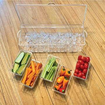 Evelots Ice Chilled 5 Compartment Condiment Server Caddy with Hinged Lid | Plastic Garnish Serving Tray Container | Perfect for BBQs & Parties