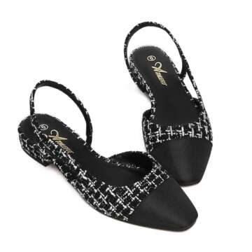 Athlefit Slingback Flats for Women Square Pointed Toe Two Toned Flats Wedding Pumps for Women Black White Thread Size 8.5