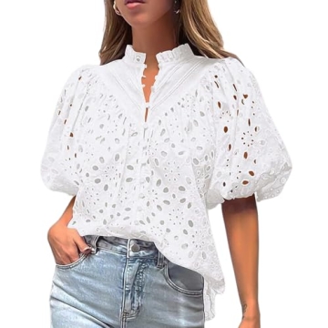 White Eyelet Tops for Women Summer Tops Hollow Out Half Puff Sleeve Blouse Embroidered Button Down S...