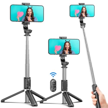 Selfie Stick Tripod, All in One Extendable & Portable iPhone Tripod Selfie Stick with Wireless Remot...