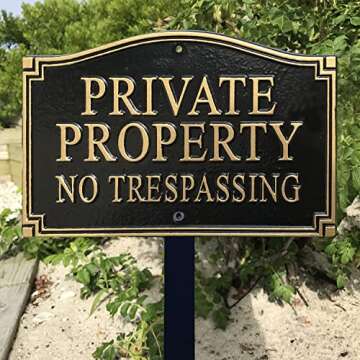 SmartSign Private Property No Trespassing Metal Plaque - GardenBoss Statement Yard Sign 5.75" x 9.5" Solid Heavy Duty Cast Aluminum Plaque with 18" Black Lawn Stake, Made in USA