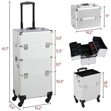 Yaheetech Rolling Makeup Train Case 3 in 1 Cosmetic Makeup Case Large Aluminum Trolley Makeup Travel Case Professional Rolling Cosmetic Beauty Storage, with 360° Swivel Wheels, Silver