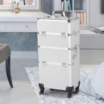 Yaheetech Rolling Makeup Train Case 3 in 1 Cosmetic Makeup Case Large Aluminum Trolley Makeup Travel Case Professional Rolling Cosmetic Beauty Storage, with 360° Swivel Wheels, Silver