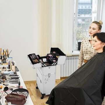 Yaheetech Rolling Makeup Train Case 3 in 1 Cosmetic Makeup Case Large Aluminum Trolley Makeup Travel Case Professional Rolling Cosmetic Beauty Storage, with 360° Swivel Wheels, Silver