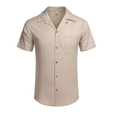 COOFANDY Men Cotton Linen Shirts Short Sleeve Button Down Relaxed Fit Floral Beach Shirts A- Khaki