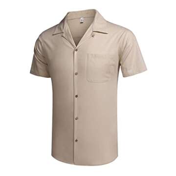 COOFANDY Men Cotton Linen Shirts Short Sleeve Button Down Relaxed Fit Floral Beach Shirts A- Khaki