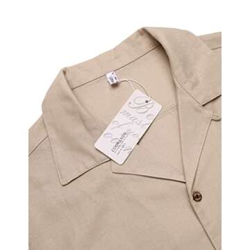 COOFANDY Men Cotton Linen Shirts Short Sleeve Button Down Relaxed Fit Floral Beach Shirts A- Khaki