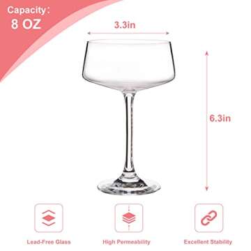 CUCUMI 8oz Martini Glasses, Coupe Glasses Set of 6, Premium Crystal Cocktail Glasses, Champagne Coup...