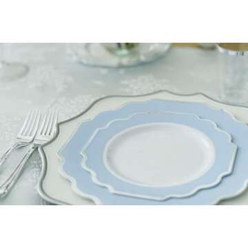 " OCCASIONS " 240 Plates Pack (120 Guests) Heavyweight Wedding Party Disposable Plastic Plates Set -120 x 10.5'' Dinner + 120 x 8'' Salad/Dessert Plate (Imperial in White/Blue & Silver)