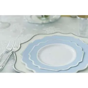 " OCCASIONS " 240 Plates Pack (120 Guests) Heavyweight Wedding Party Disposable Plastic Plates Set -120 x 10.5'' Dinner + 120 x 8'' Salad/Dessert Plate (Imperial in White/Blue & Silver)