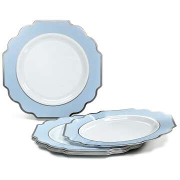" OCCASIONS " 240 Plates Pack (120 Guests) Heavyweight Wedding Party Disposable Plastic Plates Set -120 x 10.5'' Dinner + 120 x 8'' Salad/Dessert Plate (Imperial in White/Blue & Silver)