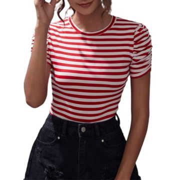 LilyCoco Women's Striped Puff Sleeve Top in Red White